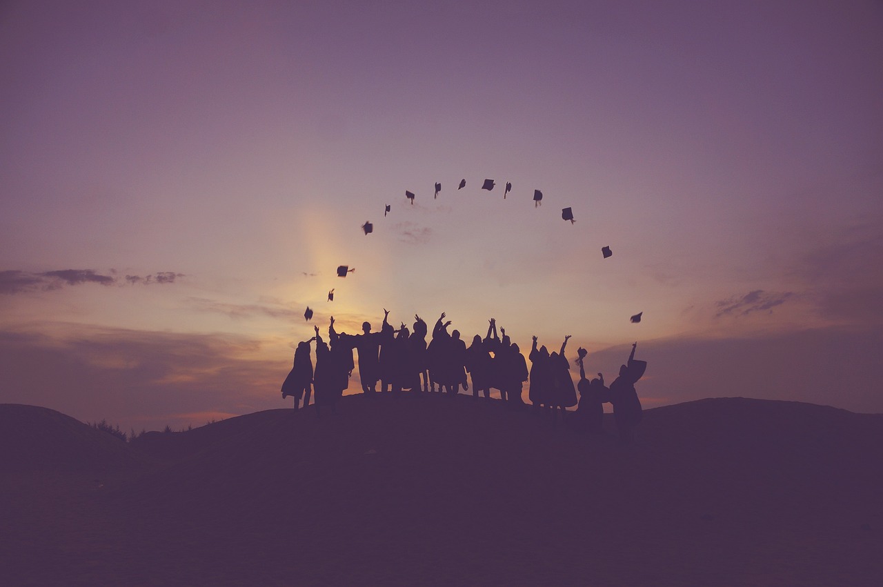 dawn, graduates, throwing hats, dusk, people, silhouette, students, nature, success, sunrise, sunset